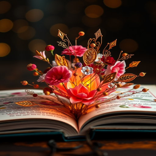 A beautifully detailed open book with vibrant floral designs and golden embellishments bursting from its pages, shot with a Canon EOS R5, 50mm lens, f/1.8 aperture, ISO 100, in a low light setting with soft bokeh background to enhance color depth and texture.