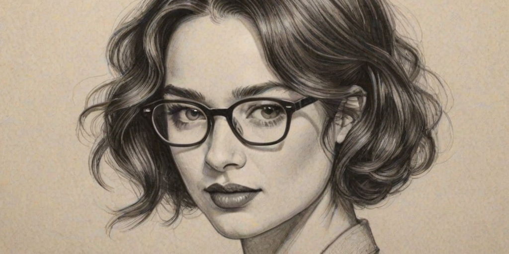 Lovely Crystal Reed, pencil sketch, portrait of Comely woman 1925s in glasses, hair style beatnik, outline, clear lines, fine lines, 8k