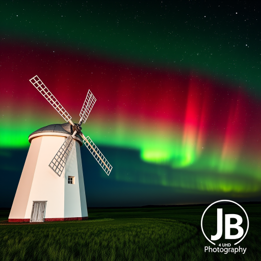 An ultra-realistic and highly detailed 4d, uhd photograph capturing a white windmill with wooden blades located in a green field. The night sky in the background is illuminated by an aurora borealis, which displays vibrant colors of green and red, blending together in a magical way and spreading across the firmament dotted with stars. The aurora borealis creates an impressive and dazzling visual effect, standing out against the dark sky. In the bottom right-hand corner of the image is a logo with the letters 'JB' and the word 'Photography'. The composition of the image combines the traditional element of the windmill with the extraordinary natural phenomenon of the Northern Lights, creating a unique and breathtaking scene.