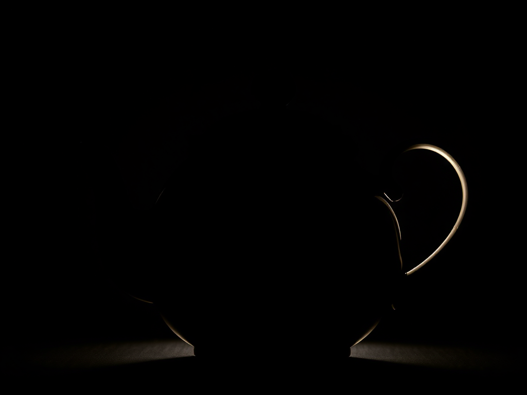 Create a high-resolution silhouette of a teapot with a glossy finish, captured in dramatic backlighting, using a DSLR camera with a 50mm lens at f/2.8 aperture, 1/60 sec shutter speed, and ISO 200, positioned at a slight angle for depth and dimension.