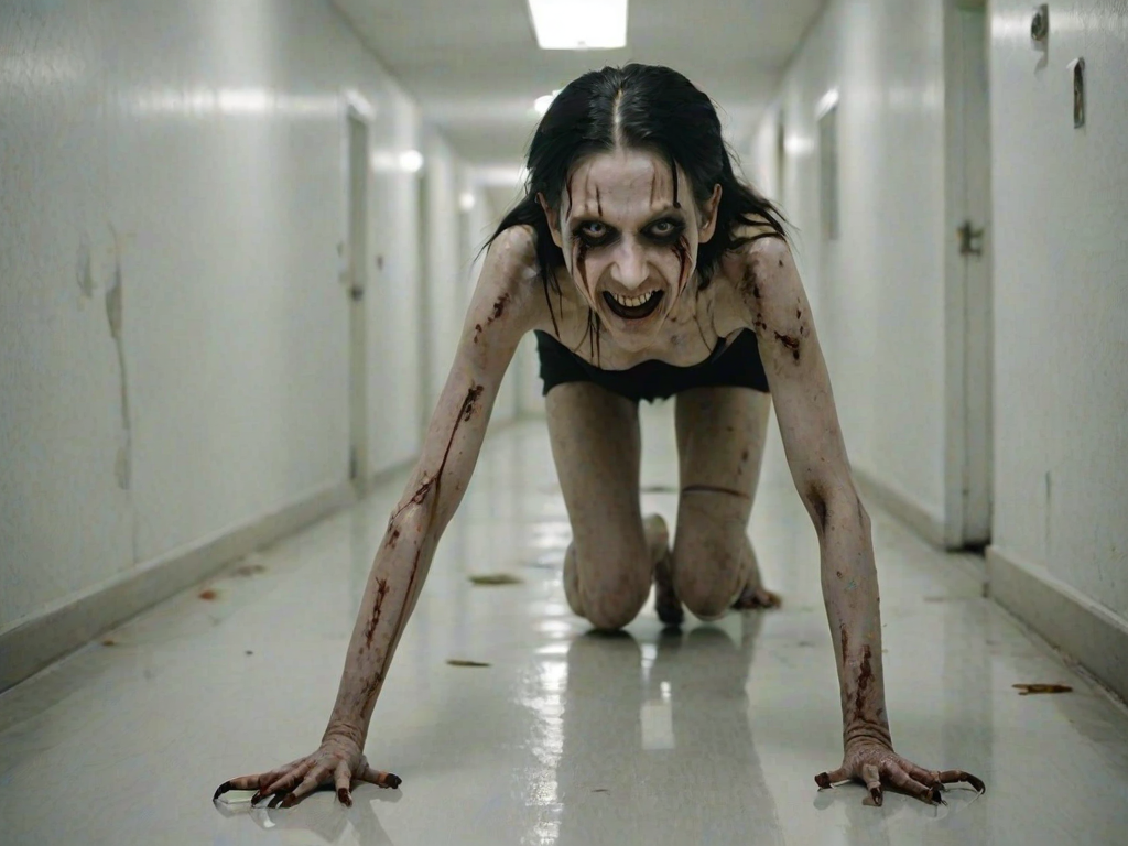 a crooked female with long arms and a creepy smile is crawling along a long white corridor and you can also see cockroaches in it there is a creepy atmosphere creepy art style