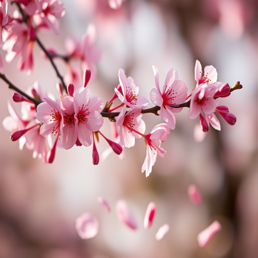 close-up shot of cherry blossom branches with pink flowers and falling petals in a soft-focus background, f/2.8 aperture, ISO 100, 50mm lens, natural light, macro photography