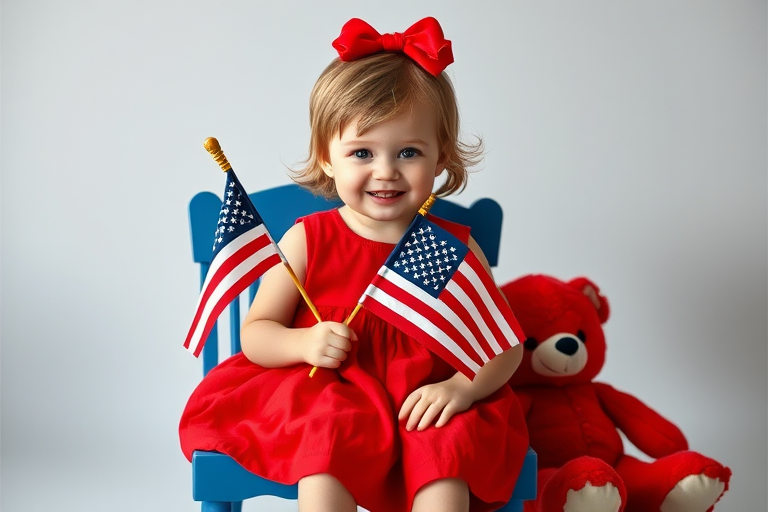 Create a high-resolution portrait of a young child in a red dress holding an American flag while sitting on a small blue chair next to a red teddy bear, taken with a DSLR camera at f/2.8 aperture, 50mm lens, ISO 100, natural light, with a shallow depth of field and soft focus background.