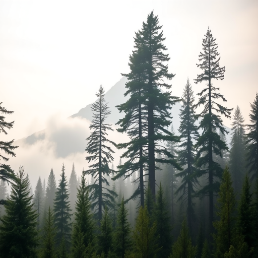 Create a serene landscape image of a misty forest with tall evergreen trees, a distant mountain shrouded in fog, using a DSLR camera with a 35mm lens, aperture f/8, ISO 100, and a shallow depth of field for soft background blur, shot in natural light during early morning for a soft, ethereal quality.
