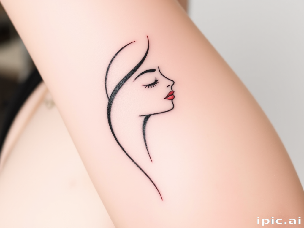 Elegant minimalist tattoo featuring a single continuous line forming a graceful portrait, clean and simple design with subtle curves and angles, understated yet powerful artistic statement