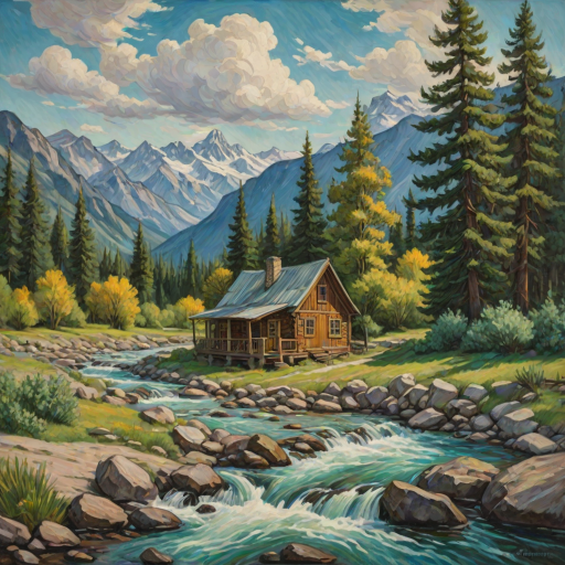 This Van Gogh-inspired painting depicts a peaceful scene of a small cabin located near a flowing river. The scene is surrounded by lush vegetation, including tall trees and rocky terrain. In the background, majestic mountains rise under a sky filled with rolling clouds. The river gently cascades over the rocks, adding a sense of movement and tranquility to the scene. The use of vibrant colors and detailed brushstrokes create a sense of depth and harmony in the natural setting.