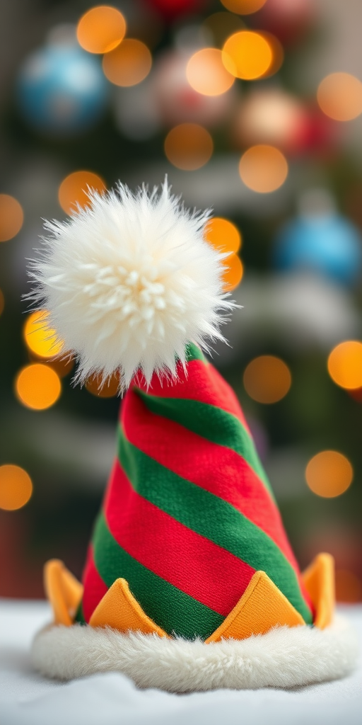 Create an image of a cartoonish Christmas elf hat with red and green stripes, featuring a fluffy white pom-pom on the tip, captured with a DSLR camera at f/2.8 aperture, ISO 100, 50mm lens, with a shallow depth of field to enhance the hat's details against a blurred festive background.