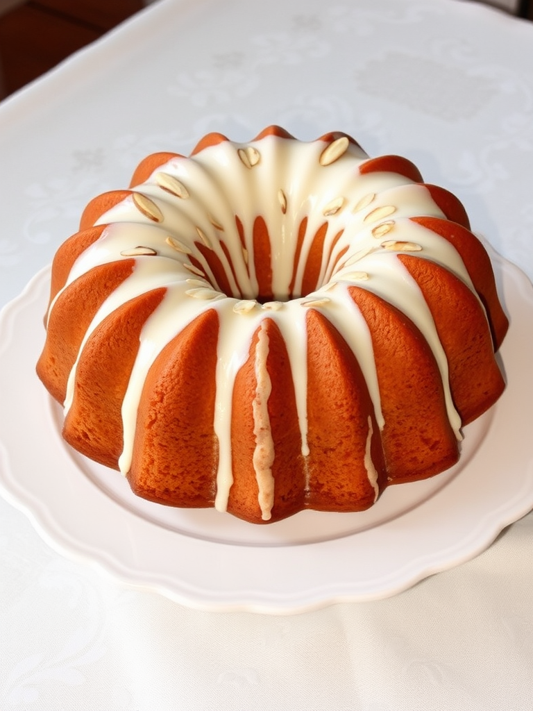 Create an image of a delicious bundt cake topped with a creamy white glaze and sprinkled with sliced almonds, placed on an elegant white plate with a decorative edge, set against a softly patterned tablecloth. The cake should have a golden brown color and a rich texture, with the glaze dripping slightly down the sides.