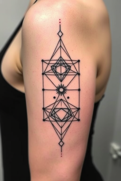 Minimalist blackwork tattoo called "Geometric Harmony" showcasing intricate geometric shapes interconnected with delicate lines, creating a mesmerizing pattern that flows seamlessly across the skin, known for its bold contrast and precision