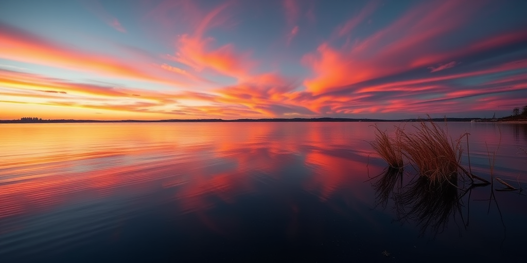Create a high-resolution image of a vibrant sunset over a tranquil lake, featuring rich orange and pink hues reflecting on the water, captured with a Canon EOS R5, 50mm lens, f/1.8 aperture, ISO 100, and a low angle shot to enhance depth.