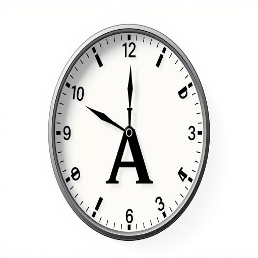 Create a high-resolution, vector-style image of a clock graphic featuring a bold letter "A" in the center, with a modern design, using a DSLR camera with a 50mm lens, f/1.8 aperture, ISO 100, and a soft focus background for emphasis on the clock elements.