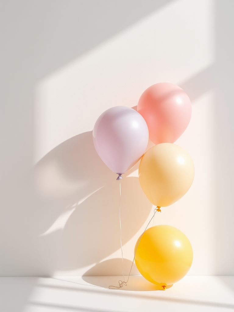 A minimalistic backdrop featuring three balloons in pastel colors (pink, teal, yellow) with soft shadows, shot with a DSLR camera at f/2.8, ISO 100, 50mm lens, natural light, soft focus for enhanced depth.