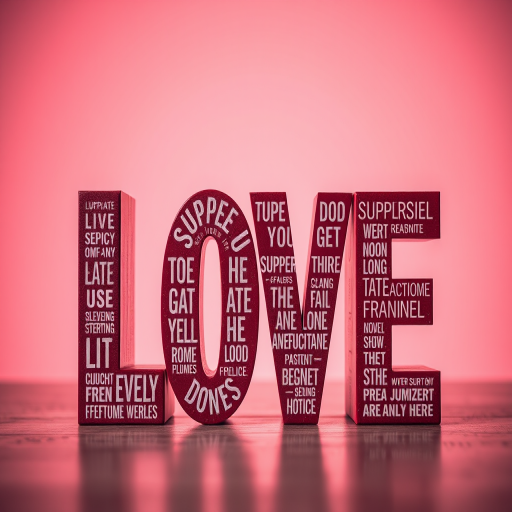 Create an artistic typography design featuring the word "LOVE" using various supportive and positive words, captured with a DSLR camera at f/2.8 aperture, ISO 100, 50mm lens, in a well-lit studio environment with a soft focus background for depth and clarity.