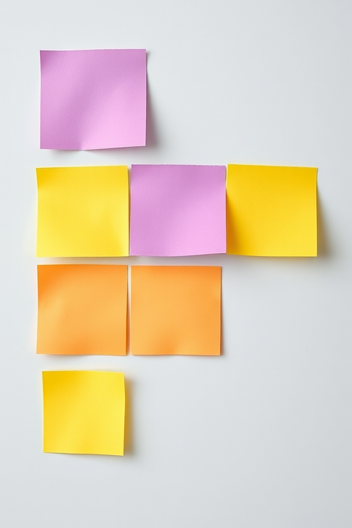 Create an image of six sticky notes arranged in two rows, with three notes in each row; the top row should have two purple notes and one blank note, the bottom row should have three yellow notes; use a soft-focus background, 50mm lens, f/2.8 aperture, natural lighting, and high-resolution settings to enhance clarity and vivid colors.