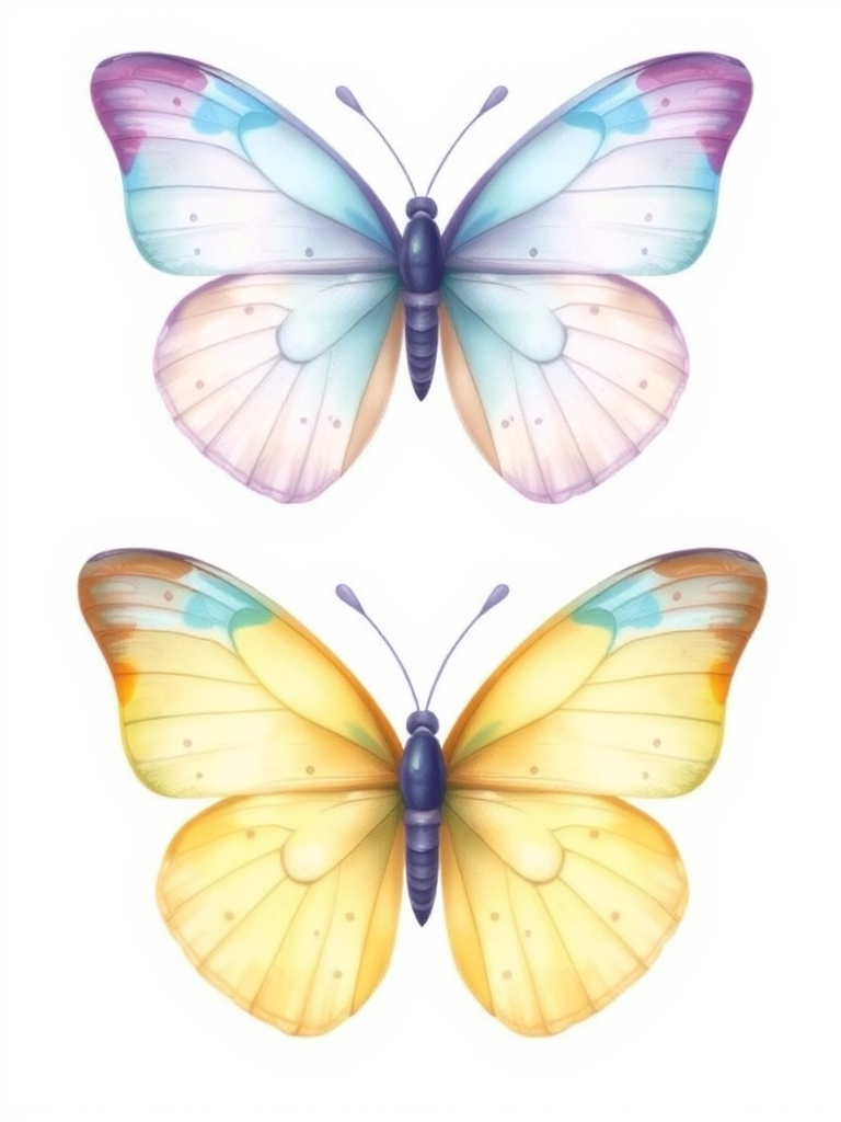 Create a detailed illustration of two butterflies. The top butterfly should have translucent wings with a light blue hue and soft purple accents, featuring delicate spots. The bottom butterfly should have a gradient of yellow to light blue wings, with a smooth and elegant shape. Both butterflies should be depicted from a frontal view against a plain white background.