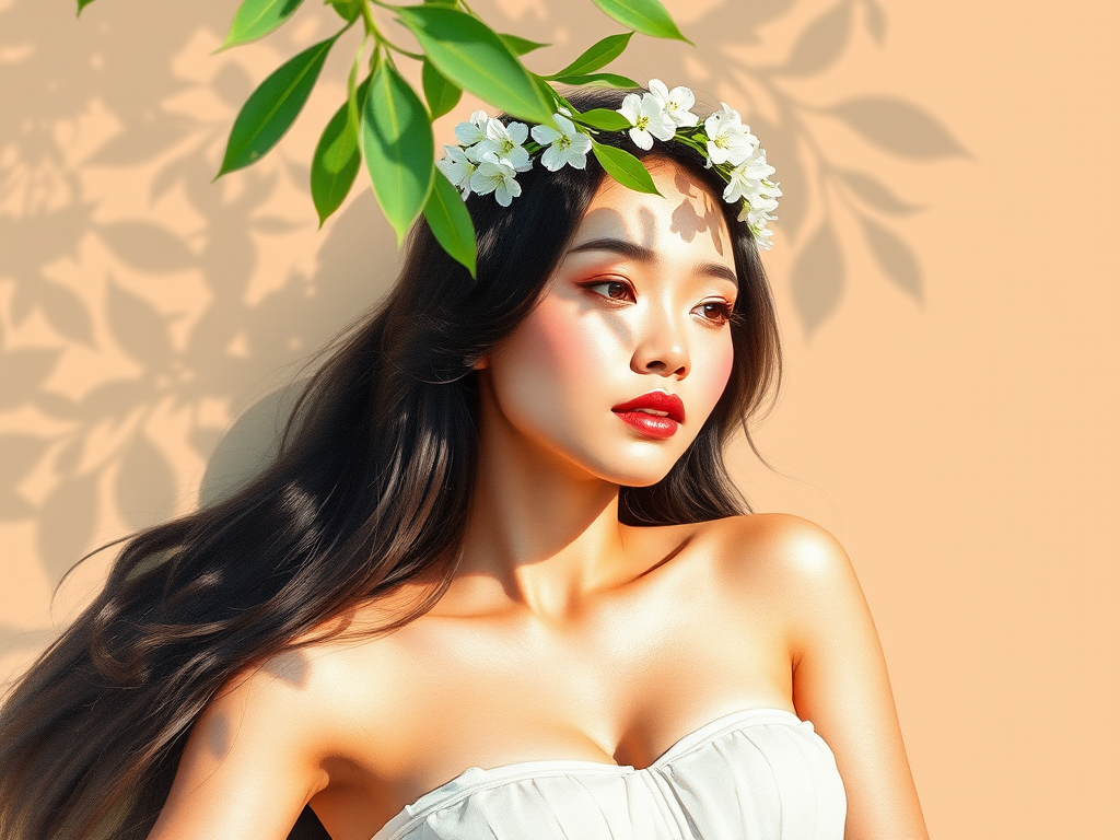 create a watercolor painting of an ethereal portrait of beautiful Malay woman with a simple white flower crown on her head. Her hair is long and she is lying on the ground. The sunlight on the trees casts shadows from the leaves on her face and body. The background is a neutral brown color that matches her skin tone. The image is minimalist and solid colors. This style is characterized by soft, delicate brushstrokes and a light, airy, contrasting color palette. High level of detail and play of light