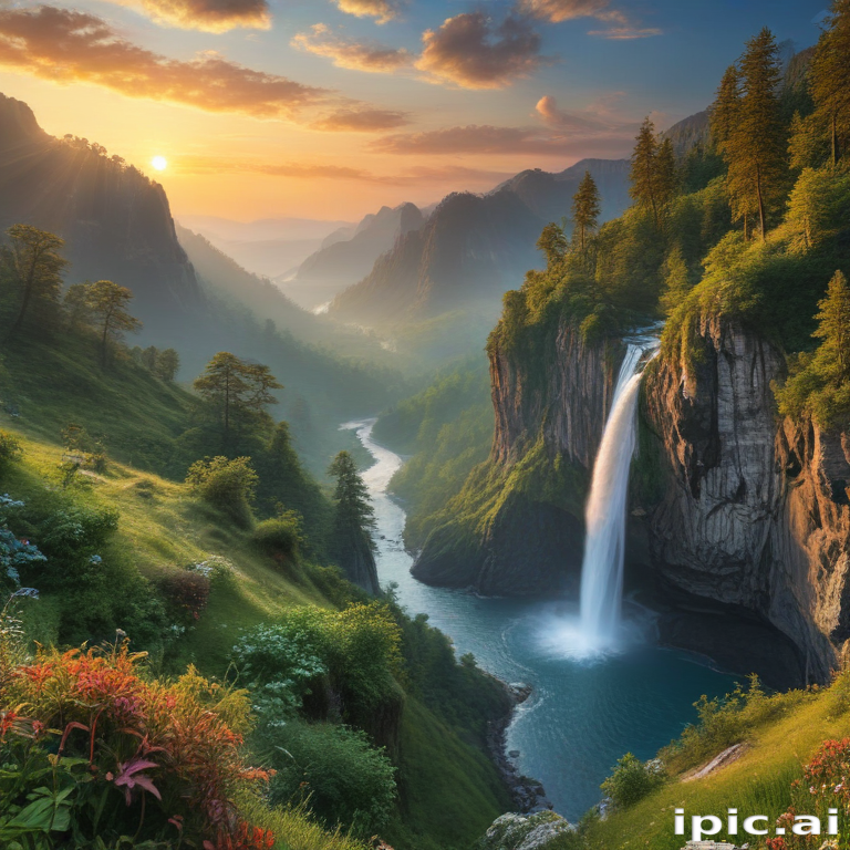 Majestic Waterfall Cascading Down a Lush Green Valley at Sunrise