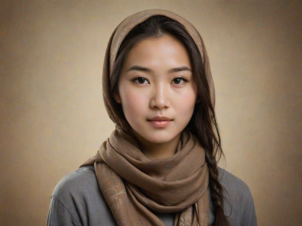 Create a portrait of a young Mongolian female with long, dark hair and captivating hazel eyes. She is wearing a brown headscarf and a matching scarf draped gracefully around her neck. The background is softly blurred, focusing attention on her serene and natural expression. The overall color palette is muted and warm, enhancing the intimate and authentic feel of the portrait.