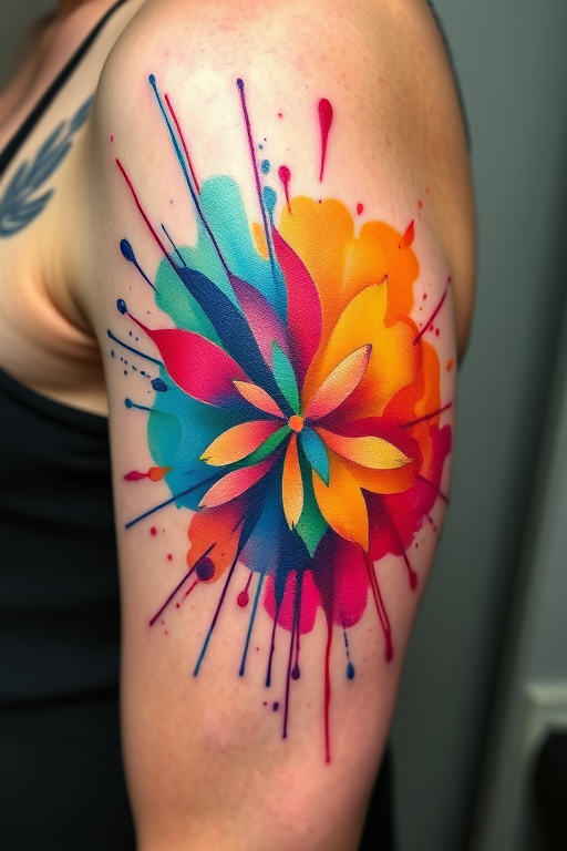 Watercolor splash tattoo named "Chromatic Explosion" showcasing a vibrant burst of colors blending and bleeding into each other resembling an abstract painting with no defined outlines