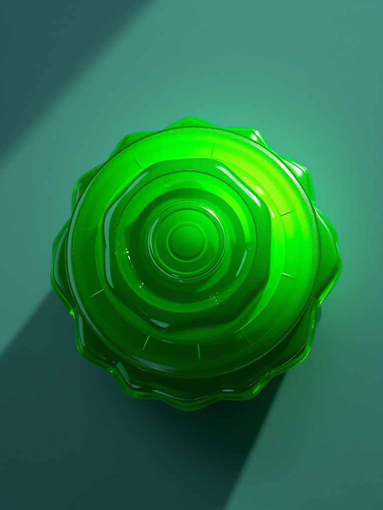 Create a highly detailed 3D render of a green jelly-like object with circular layers and shadows, using a Canon EOS R5 camera, 50mm lens, f/2.8 aperture, 1/100s shutter speed, ISO 100, soft lighting to enhance texture and color vibrancy.