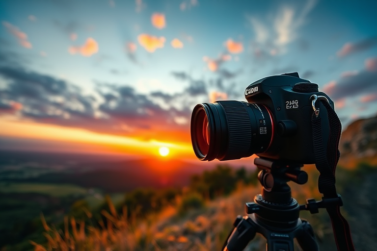 Create a detailed, high-resolution image of a serene landscape at sunrise, wide-angle view, soft focus background, using a DSLR camera with a 24mm lens, aperture f/8, ISO 100, shutter speed 1/125s, and vibrant color saturation.