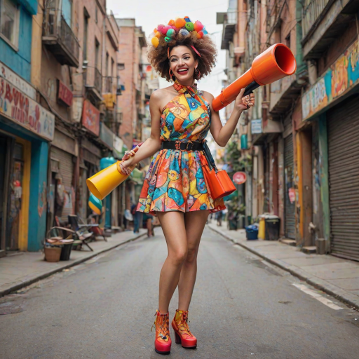 A playful woman holds a bazooka with a mischievous grin, her pose exaggerated and cartoonish. She’s dressed in a colorful, quirky outfit with oversized accessories, giving her a whimsical and fun appearance. The bazooka, although large, is designed in a cute, almost toy-like style, adding to the humorous and lighthearted vibe of the scene. The background is bright and cheerful, enhancing the overall playful atmosphere.
We share ALL our prompts in the Bing Image Prompts group: