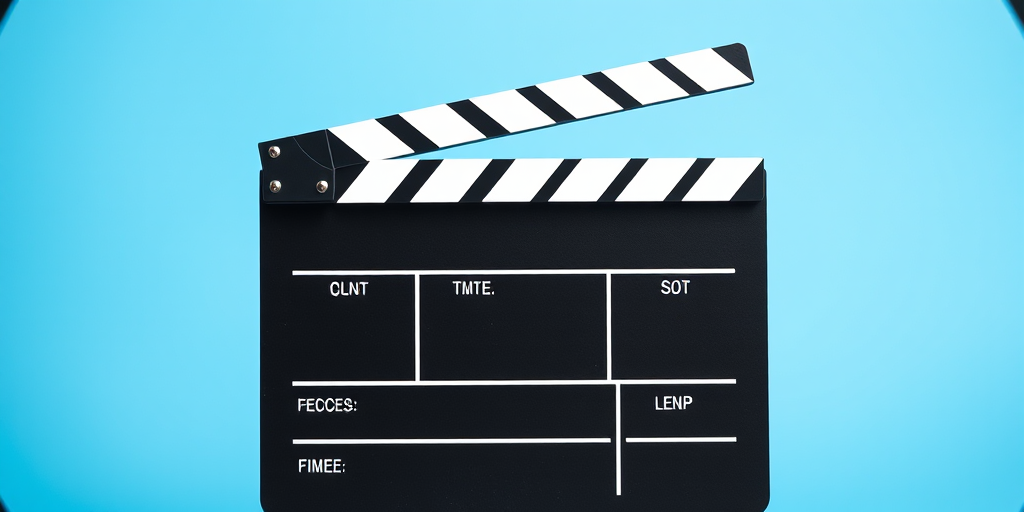 Generate a high-resolution image of a film clapperboard against a bright blue circular background, using a DSLR camera with a 50mm lens, aperture f/2.8, ISO 100, and a shallow depth of field to create a blurred background effect.