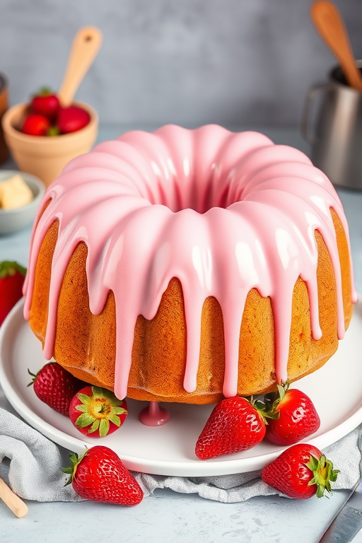 A beautifully decorated pink bundt cake with a glossy icing dripping down the sides placed on a white plate with a light gray cloth underneath fresh strawberries on the side and a blurred background of kitchen items and a gray backdrop