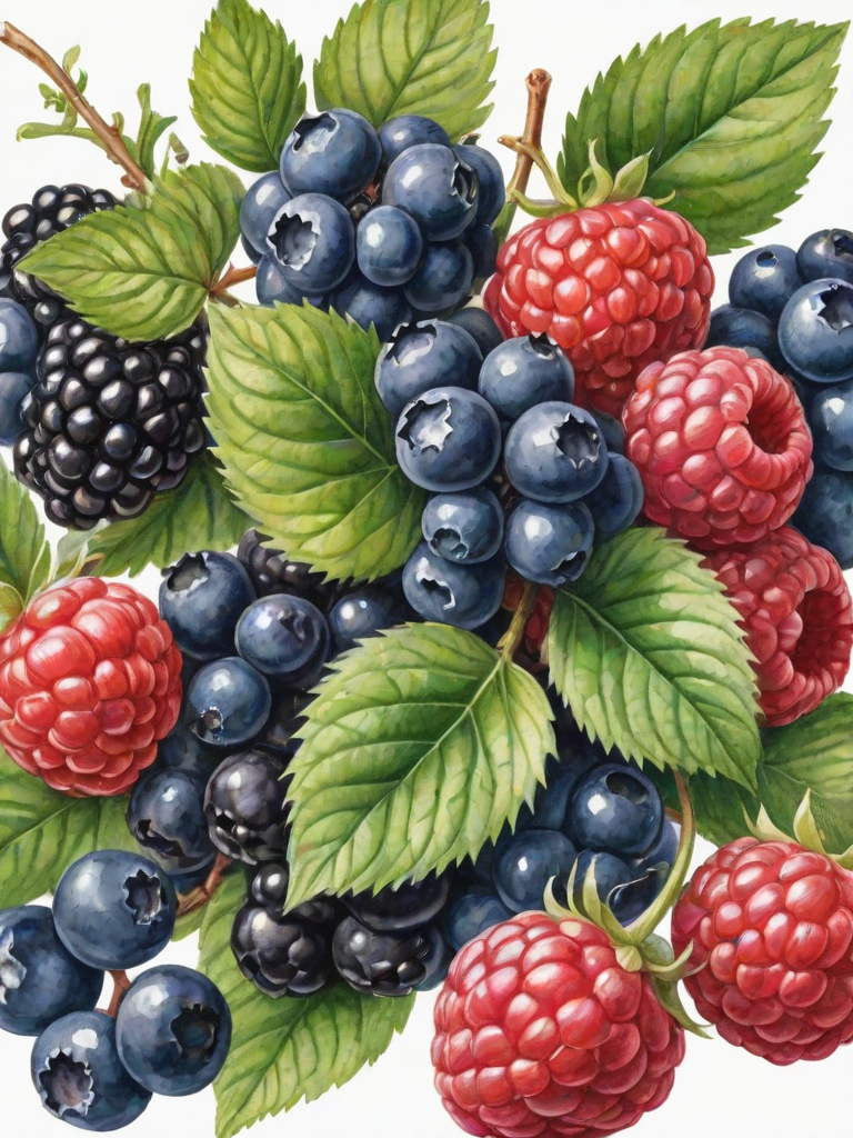 a watercolor illustration of a cluster of assorted berries including blueberries, blackberries, and raspberries with green leaves, on a white background