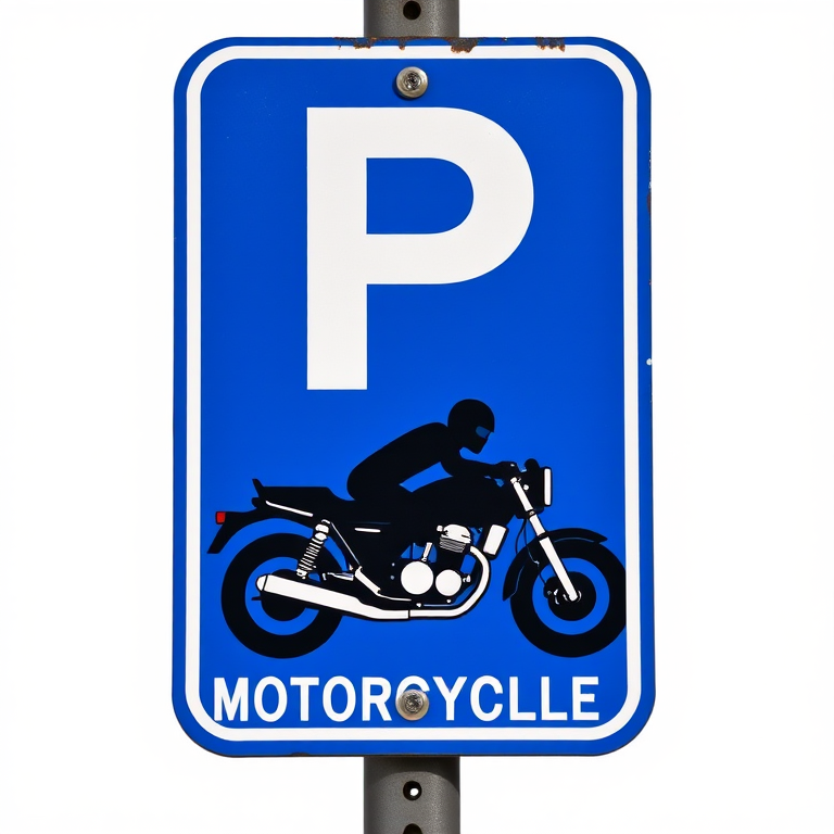 Create a high-resolution image of a parking sign for motorcycles featuring a bold blue background with a large white letter "P" at the top and a black silhouette of a motorcycle with a rider underneath, captured using a DSLR camera with a 50mm lens, aperture set to f/2.8 for a shallow depth of field, and taken from a straight-on view to enhance clarity and focus.