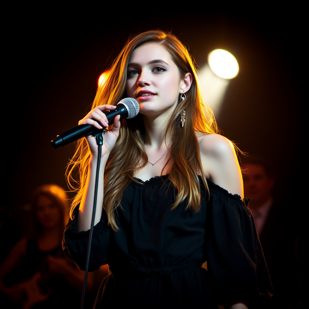 A young woman with long, flowing brown hair is standing in the center of the frame, holding a microphone in her right hand, and looking slightly off to the right side of the frame. She is wearing a black, off-the-shoulder dress with delicate lace detailing. The lighting is warm and dramatic, creating a spotlight effect on the singer. There are other figures in the background, blurred and out of focus, suggesting a concert or performance setting. The camera angle is low, capturing the woman from the waist up. The overall atmosphere is intimate and captivating.
