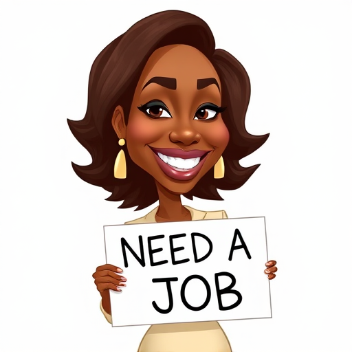 caricature of a smiling Angela Bassett in a Cream dress or suit, holding up a sign that says "NEED A JOB", no watermark,