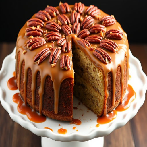 A beautifully decorated round cake with a rich caramel glaze and topped with toasted pecans, partially sliced to reveal its moist interior, placed on a white cake stand with a dark background.
