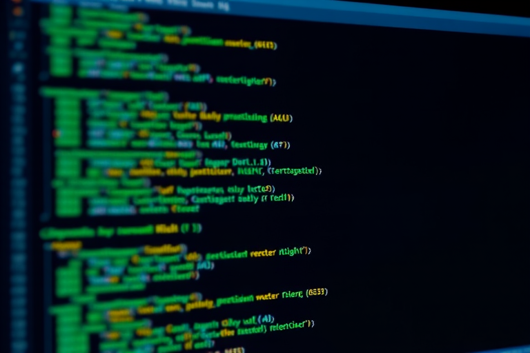 Generate an image of a computer screen displaying code snippets on a dark background, shot with a DSLR camera at f/2.8, ISO 100, shutter speed 1/60s, using a macro lens for detail, with a top-down view for depth and clarity.