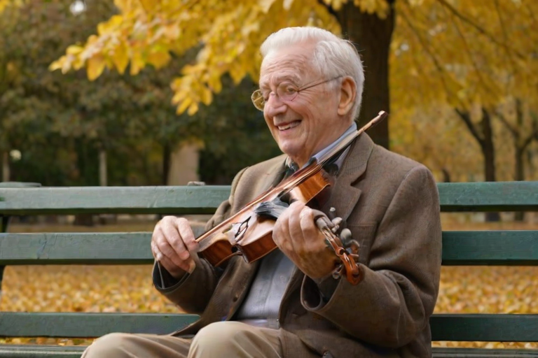 Softly focused image of an elderly man playing a violin on a park bench, surrounded by golden autumn leaves, with a soft, distant smile on his face as he plays.