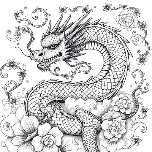 regenerate an intricate dragon illustration in black and white with detailed floral elements and swirling clouds, captured with a DSLR camera using a 50mm lens at f/1.8, 1/200s shutter speed, ISO 100, in macro view for enhanced texture and depth.