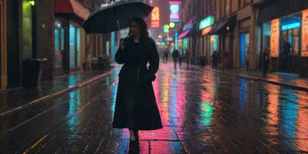 Rainy city street at night, neon signs casting a colorful glow on the wet pavement, a woman in a black trench coat walks quickly under her umbrella, her heels clicking against the cobblestones.