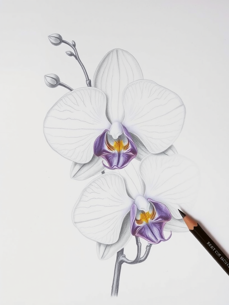 Regenerate a detailed pencil drawing of three orchid flowers arranged vertically, focusing on intricate petal textures and shading, captured with a Canon EOS R5 camera, 50mm lens, f/2.8 aperture, ISO 100, natural soft lighting for enhanced detail and contrast.