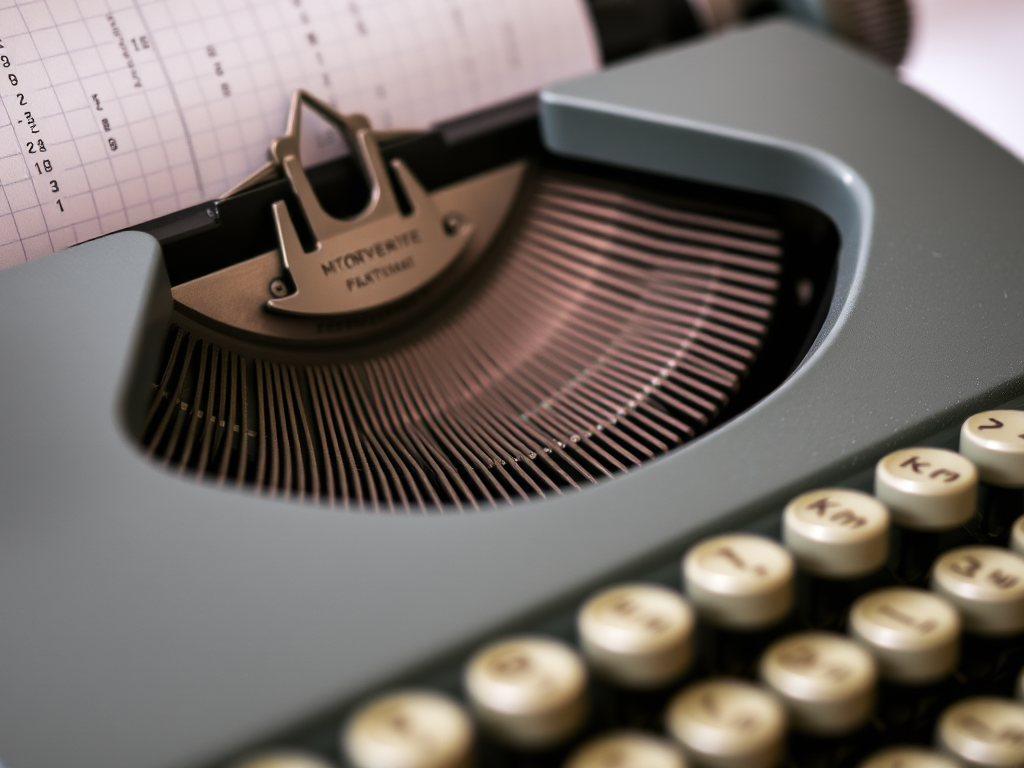 close-up shot of a vintage typewriter with the focus on the paper feed rollers and grid-patterned paper, shallow depth of field, DSLR camera, f/2.8 aperture, 50mm lens, ISO 200, soft lighting, portrait orientation