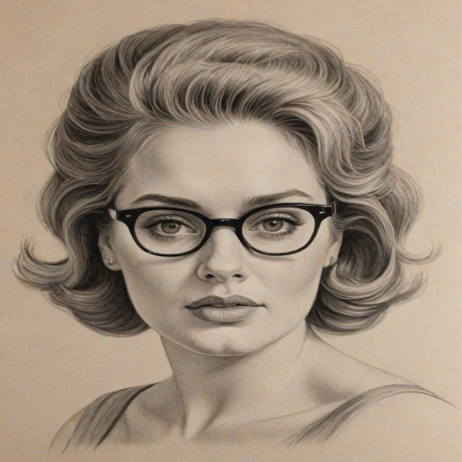 Beauteous Adele Laurie Blue Adkins, pencil sketch, portrait of Exquisite woman 1953s in glasses, hair style beatnik, outline, clear lines, fine lines, 8k