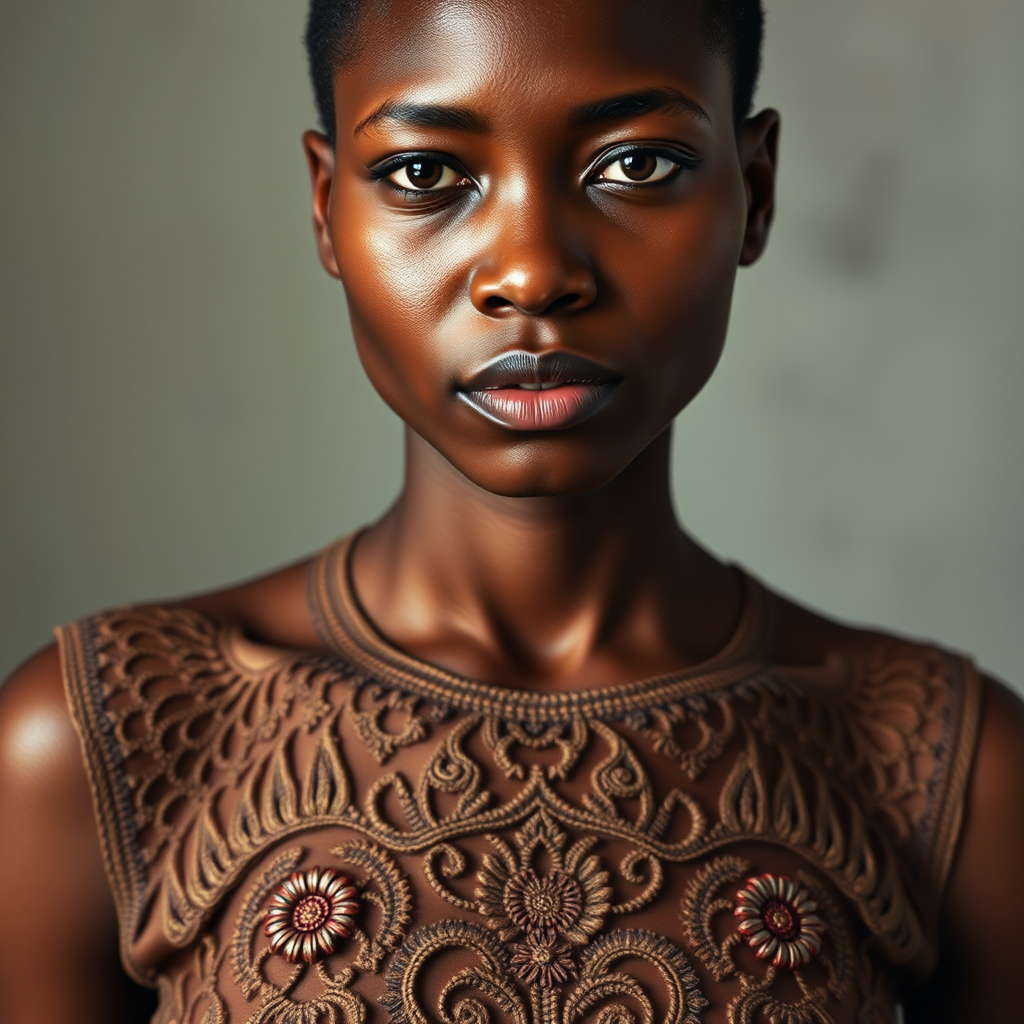 Face, shoulders, chest covered in openwork Yoruba embroidery. Raw, unedited image.
