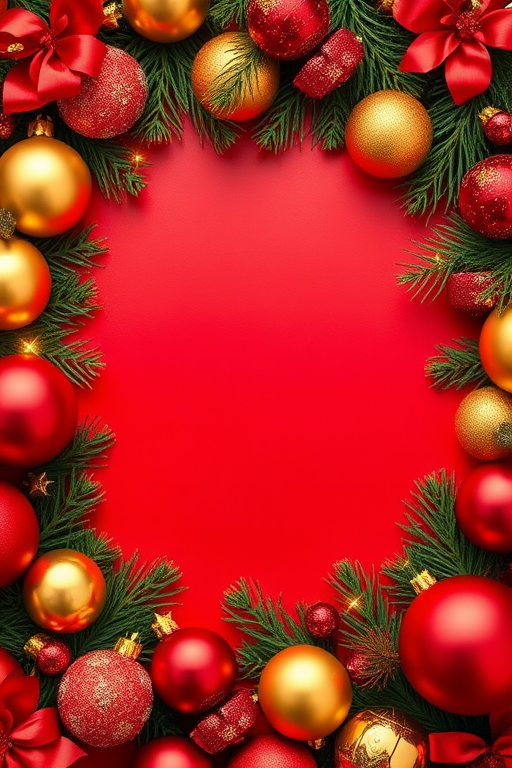 Create a festive holiday background featuring a vibrant red center surrounded by an arrangement of Christmas ornaments in gold and red. Include pine branches and sparkling lights to enhance the seasonal feel, ensuring a cheerful and warm atmosphere.