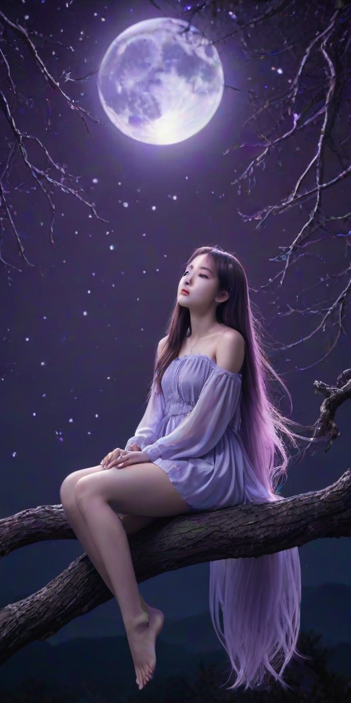 surreal, 1girl,Kpop idol, very long hair, floating hair,glowing hair, night scene,moon in the sky,purple hues,starry night,dreamlike atmosphere,glowing edges,mystical,high contrast,ethereal light,sitting on a tree branch,light particles