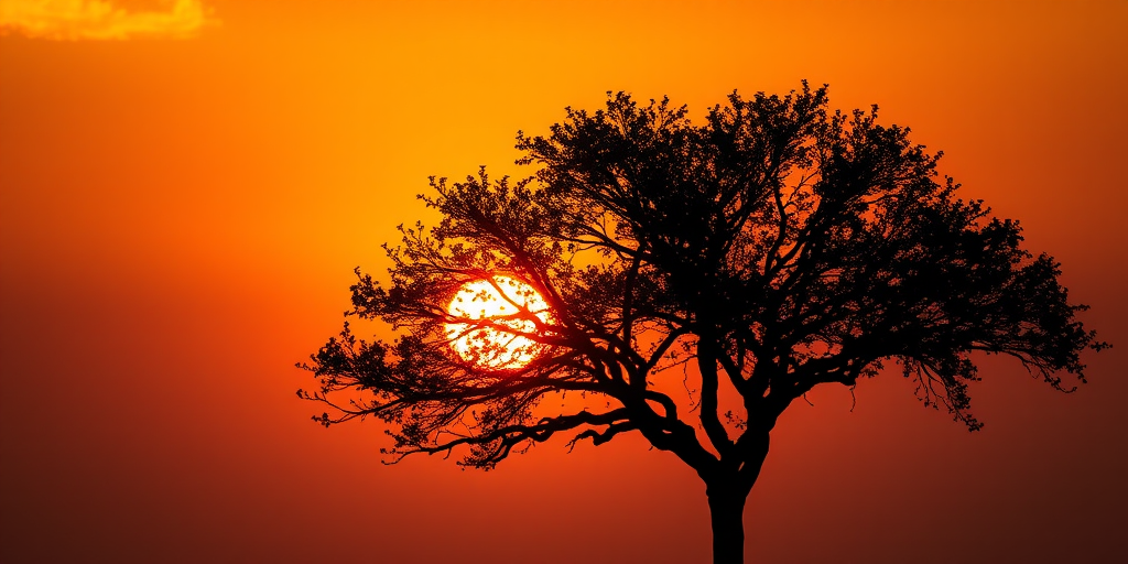 Create a high-resolution image of a silhouette of a tree with a sunset background, using a Canon EOS 5D Mark IV, 50mm lens, f/1.8 aperture, ISO 100, and a golden hour lighting effect for vibrant colors.