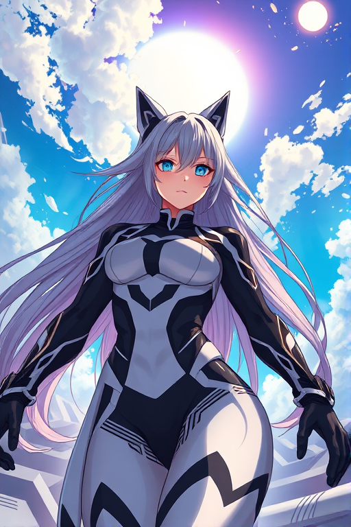 create a dynamic illustration of a female character with long flowing hair and striking blue eyes, wearing a futuristic black and white outfit, set against a vibrant sky with glowing elements, captured with a 50mm lens, f/1.8 aperture, ISO 100, in a dramatic low angle view to enhance depth and intensity using a digital camera, high-resolution format