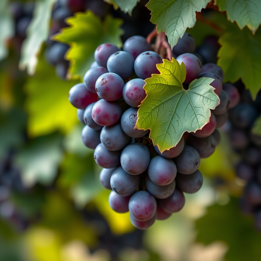 a bunch of fresh purple grapes hanging from a vine with green leaves, soft natural lighting, shallow depth of field, macro lens, ISO 100, aperture f/2.8, 50mm camera lens, shot on a digital DSLR camera