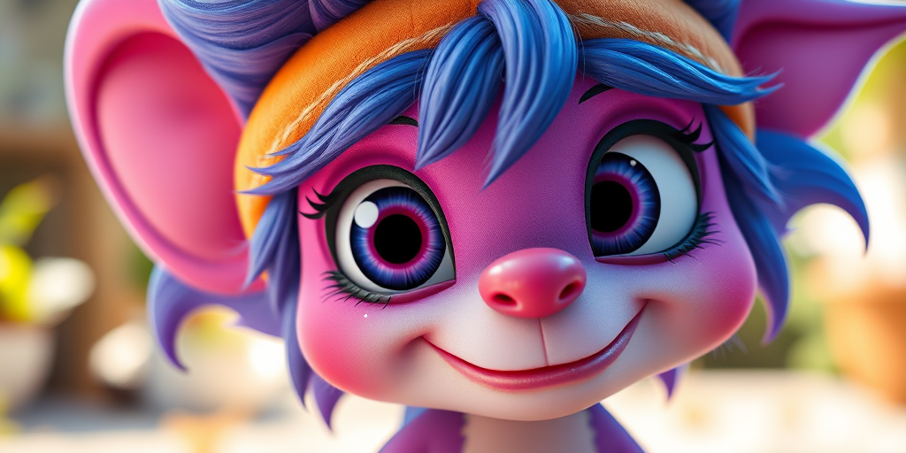 Create a high-resolution image of a whimsical cartoon character with vibrant colors and exaggerated features, using a DSLR camera at f/2.8, ISO 100, 1/200s shutter speed, shot from a low angle, with soft natural lighting.