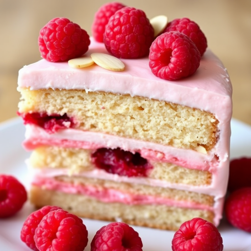 A slice of layered cake with raspberry filling and frosting topped with raspberries and almond slices, showcasing a moist texture and vibrant colors.