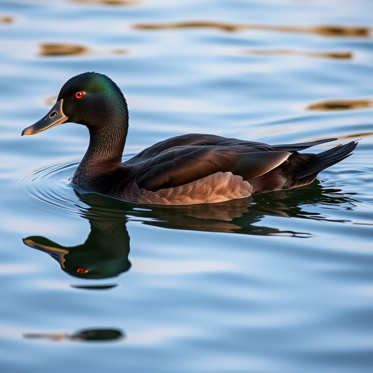 Capture a high-resolution image of a swimming black duck on water with reflections, using a Canon EOS 5D Mark IV, 100mm lens, f/5.6 aperture, 1/200 sec shutter speed, ISO 400, taken from a low angle to enhance detail and clarity.