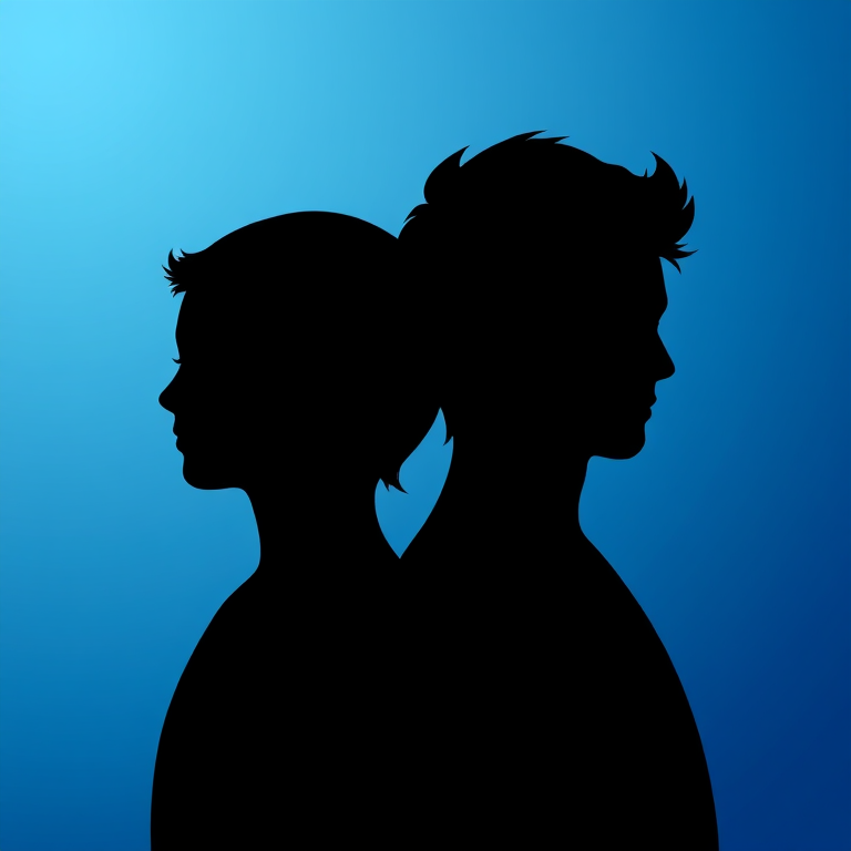 Create a digital illustration of two silhouette heads facing left, against a gradient blue background, using a soft-focus lens effect, with a Canon EOS R5 camera, f/2.8 aperture, 1/100s shutter speed, and ISO 100 settings for enhanced image quality.